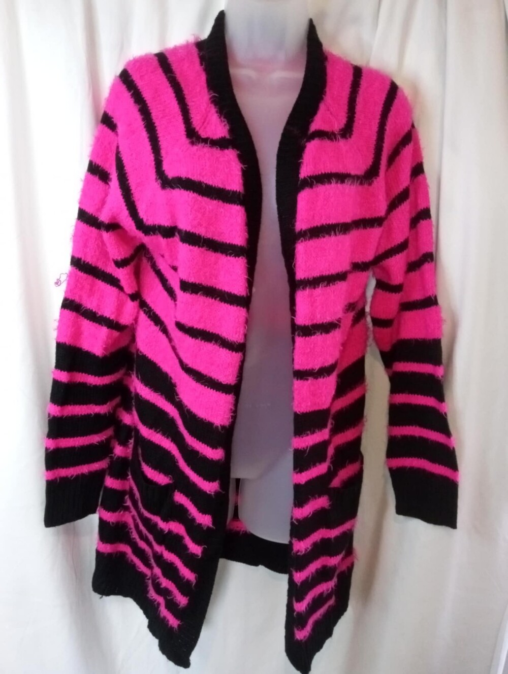 lei Fuzzy Cardigan Hot Pink Black Stripes Punk Vintage Retro Glows Blacklight XL